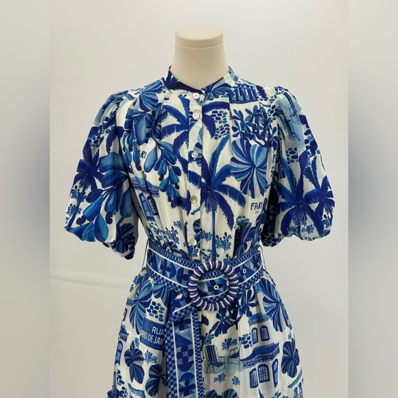 FARM Rio Blue/White Tropical Puff Sleeve Belted Mini Dress Button Front SZ M - Picture 6 of 11